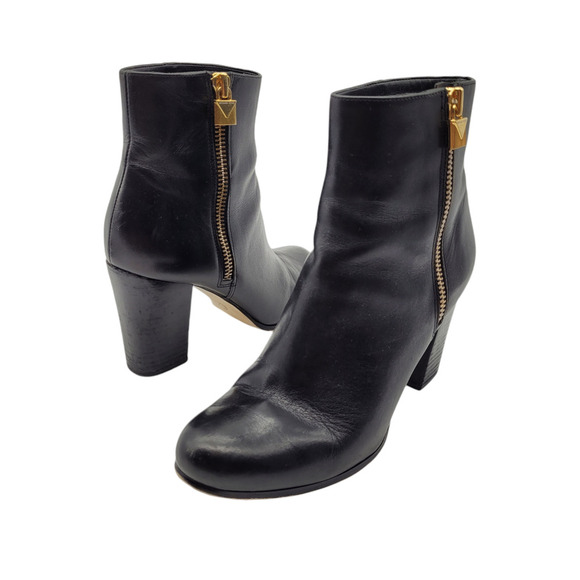 Michael Kors Boots Womens 8.5 Casual Side Zip Ankle Bootie Black Leather Heels - Picture 1 of 11